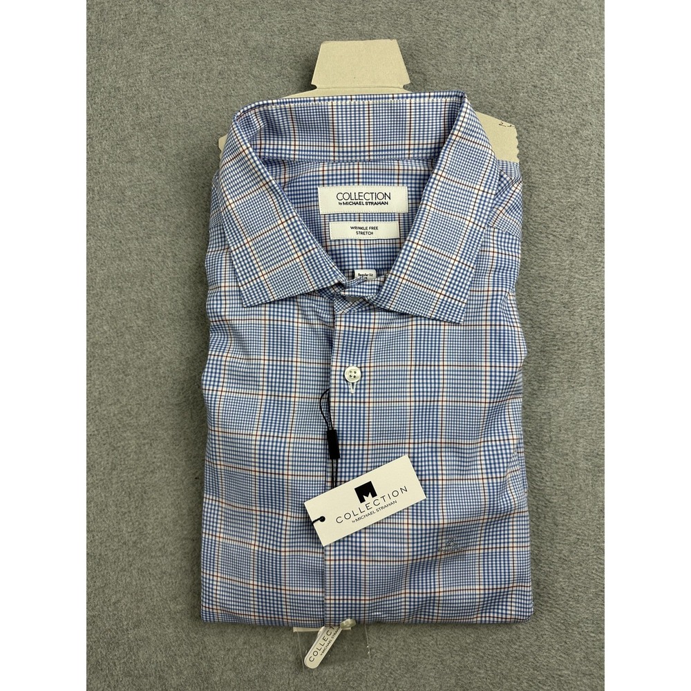 Collection By Michael Strahan Shirt Mens 18 34/35 Blue Check Non Iron Stretch